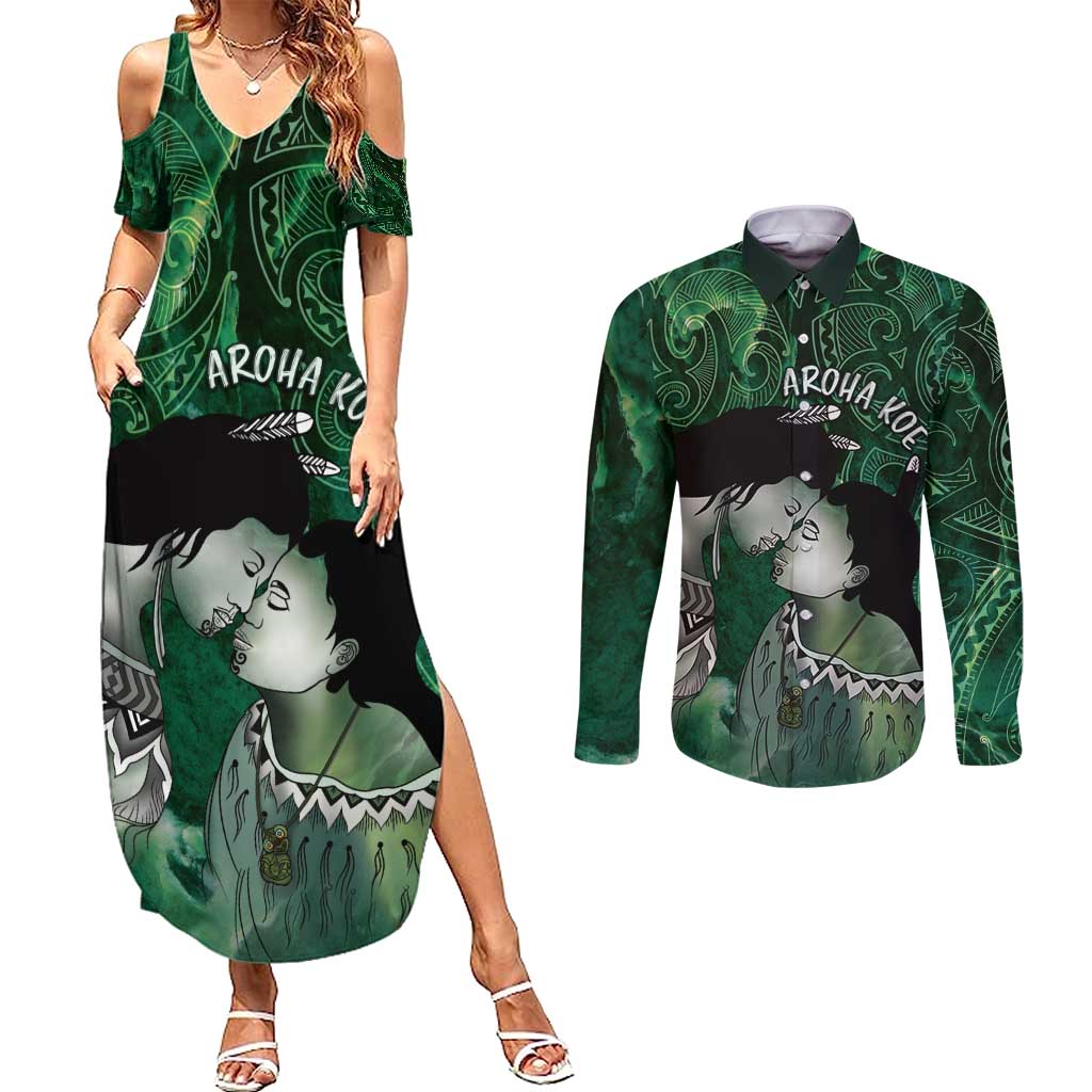 New Zealand Aroha Koe Mama Couples Matching Summer Maxi Dress and Long Sleeve Button Shirt Maori Hongi - Pounamu