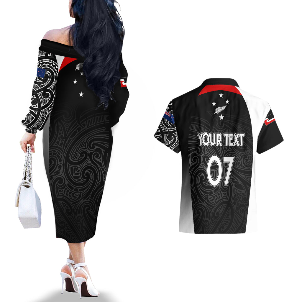 Personalised New Zealand Rugby Couples Matching Off The Shoulder Long Sleeve Dress and Hawaiian Shirt Aotearoa World Cup 2023 Champions LT7 - Polynesian Pride