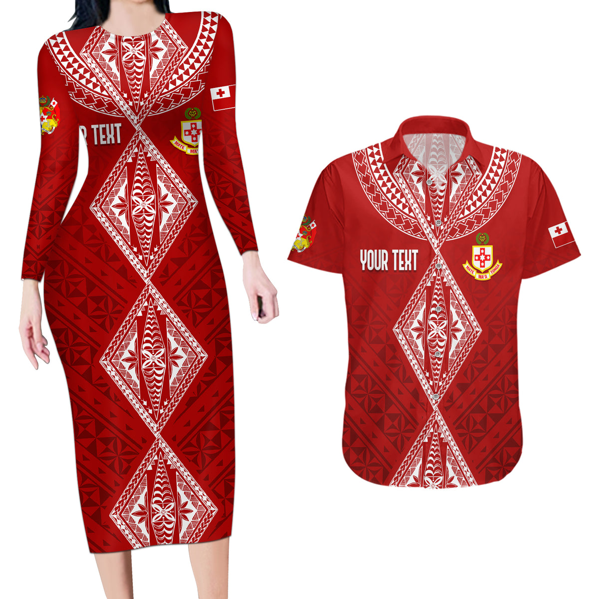 Personalised Kolisi Tonga Atele Couples Matching Long Sleeve Bodycon Dress and Hawaiian Shirt Tongan Kupesi - Special LT7 Red - Polynesian Pride