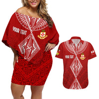 Personalised Kolisi Tonga Atele Couples Matching Off Shoulder Short Dress and Hawaiian Shirt Tongan Kupesi - Special LT7 Red - Polynesian Pride