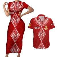 Personalised Kolisi Tonga Atele Couples Matching Short Sleeve Bodycon Dress and Hawaiian Shirt Tongan Kupesi - Special LT7 Red - Polynesian Pride