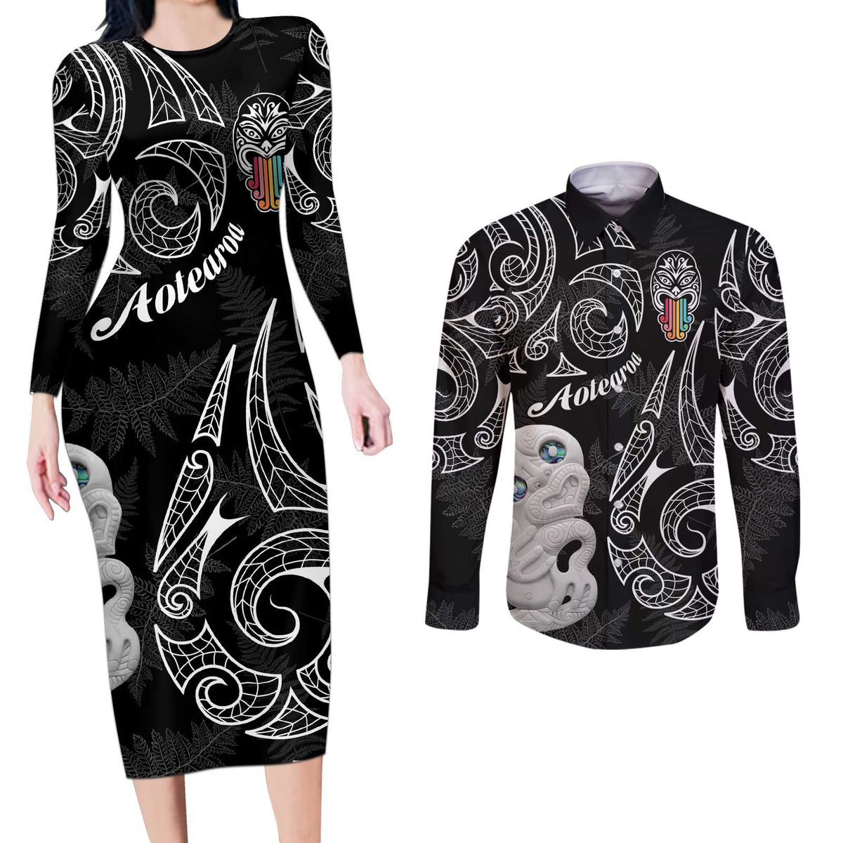 Kia Hara Te reo Maori Couples Matching Long Sleeve Bodycon Dress and Long Sleeve Button Shirt Manaia Moko Pattern