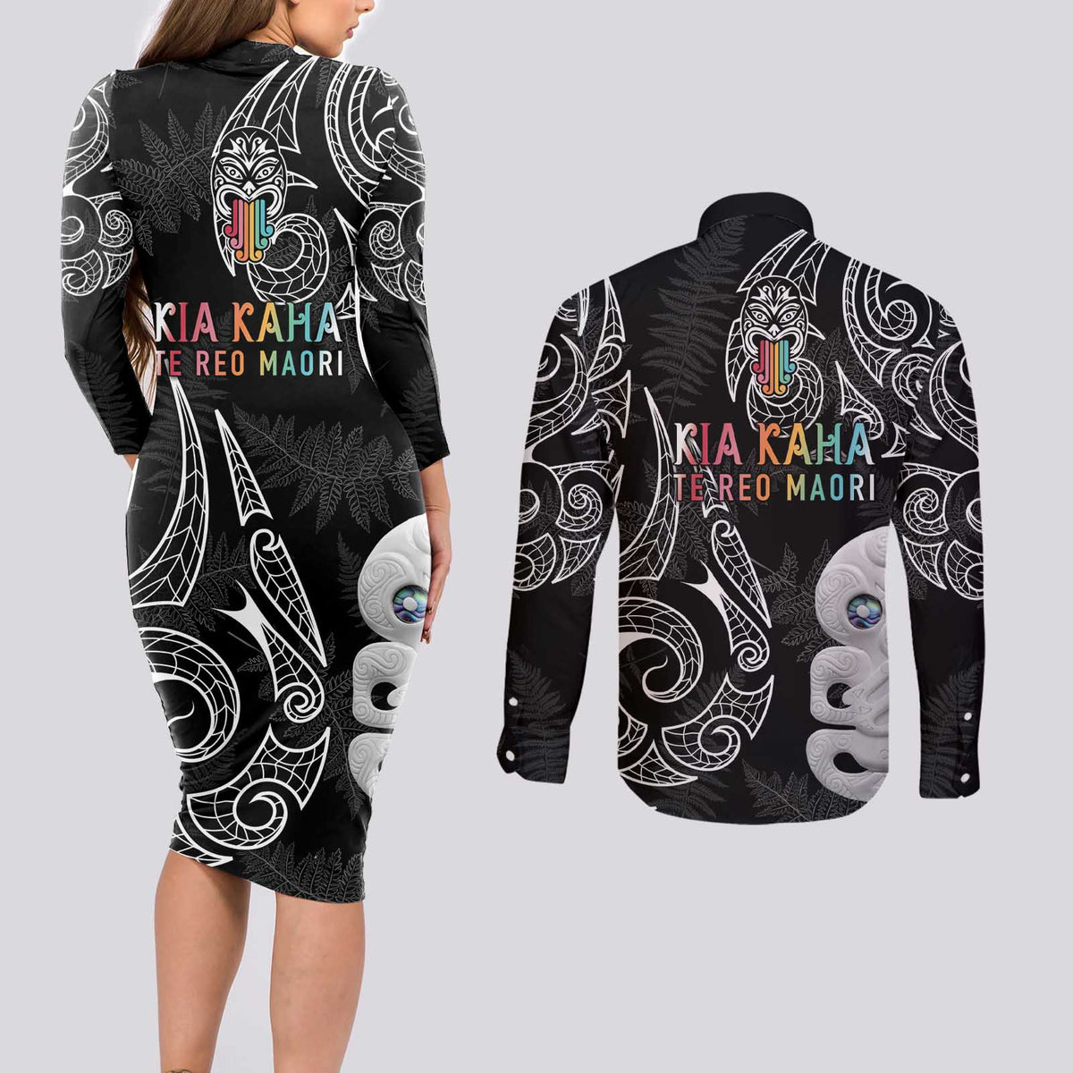 Kia Hara Te reo Maori Couples Matching Long Sleeve Bodycon Dress and Long Sleeve Button Shirt Manaia Moko Pattern