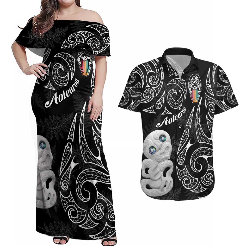 Kia Hara Te reo Maori Couples Matching Off Shoulder Maxi Dress and Hawaiian Shirt Manaia Moko Pattern LT7 Black - Polynesian Pride