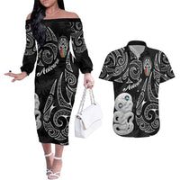Kia Hara Te reo Maori Couples Matching Off The Shoulder Long Sleeve Dress and Hawaiian Shirt Manaia Moko Pattern