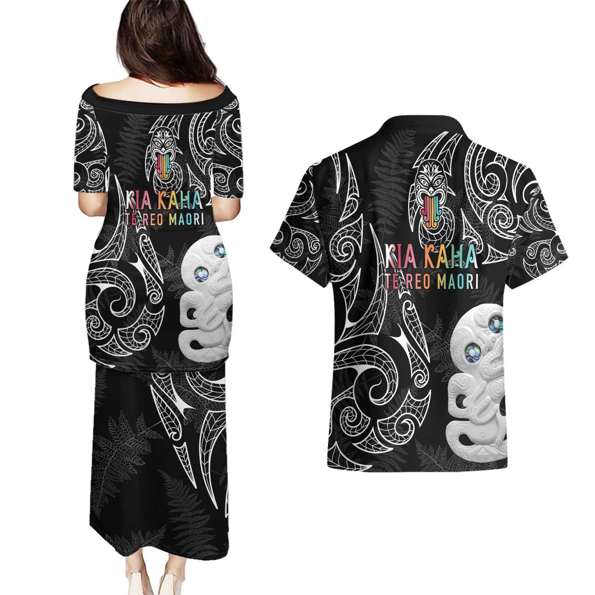 Kia Hara Te reo Maori Couples Matching Puletasi and Hawaiian Shirt Manaia Moko Pattern