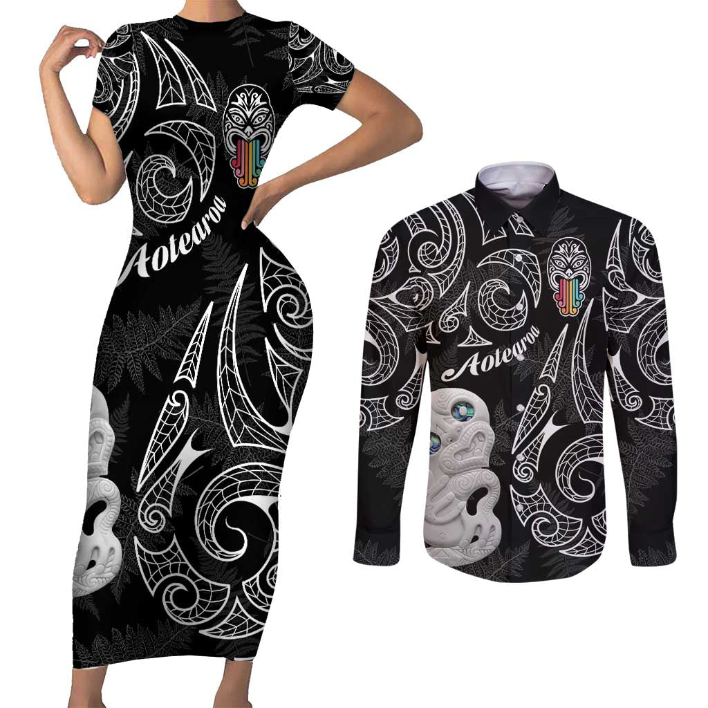 Kia Hara Te reo Maori Couples Matching Short Sleeve Bodycon Dress and Long Sleeve Button Shirt Manaia Moko Pattern