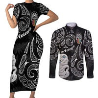 Kia Hara Te reo Maori Couples Matching Short Sleeve Bodycon Dress and Long Sleeve Button Shirt Manaia Moko Pattern