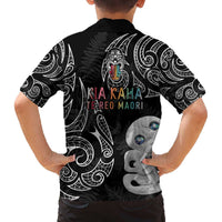 Kia Hara Te reo Maori Family Matching Off The Shoulder Long Sleeve Dress and Hawaiian Shirt Manaia Moko Pattern