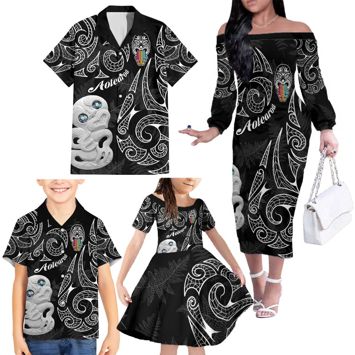 Kia Hara Te reo Maori Family Matching Off The Shoulder Long Sleeve Dress and Hawaiian Shirt Manaia Moko Pattern LT7 - Polynesian Pride