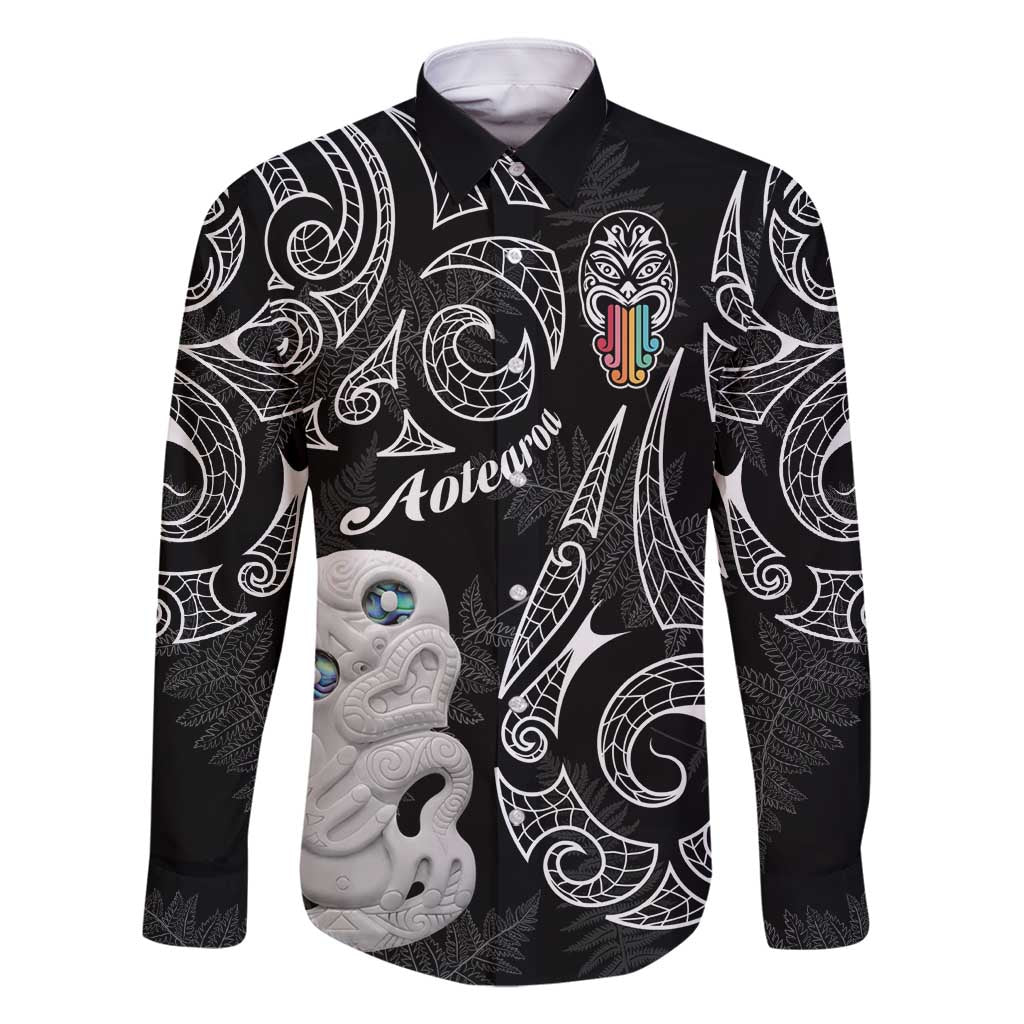 Kia Hara Te reo Maori Family Matching Tank Maxi Dress and Hawaiian Shirt Manaia Moko Pattern LT7 Dad's Shirt - Long Sleeve Black - Polynesian Pride