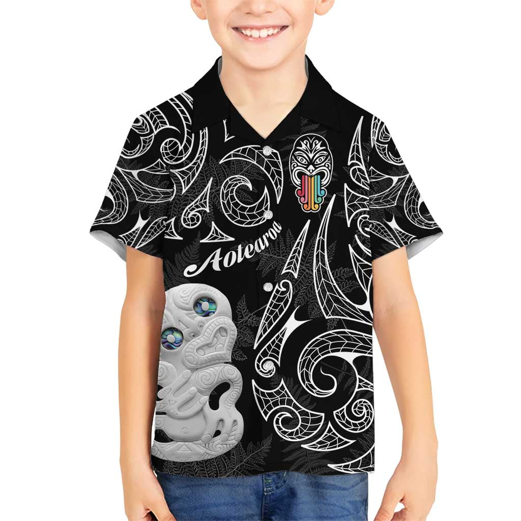 Kia Hara Te reo Maori Family Matching Tank Maxi Dress and Hawaiian Shirt Manaia Moko Pattern LT7 Son's Shirt Black - Polynesian Pride