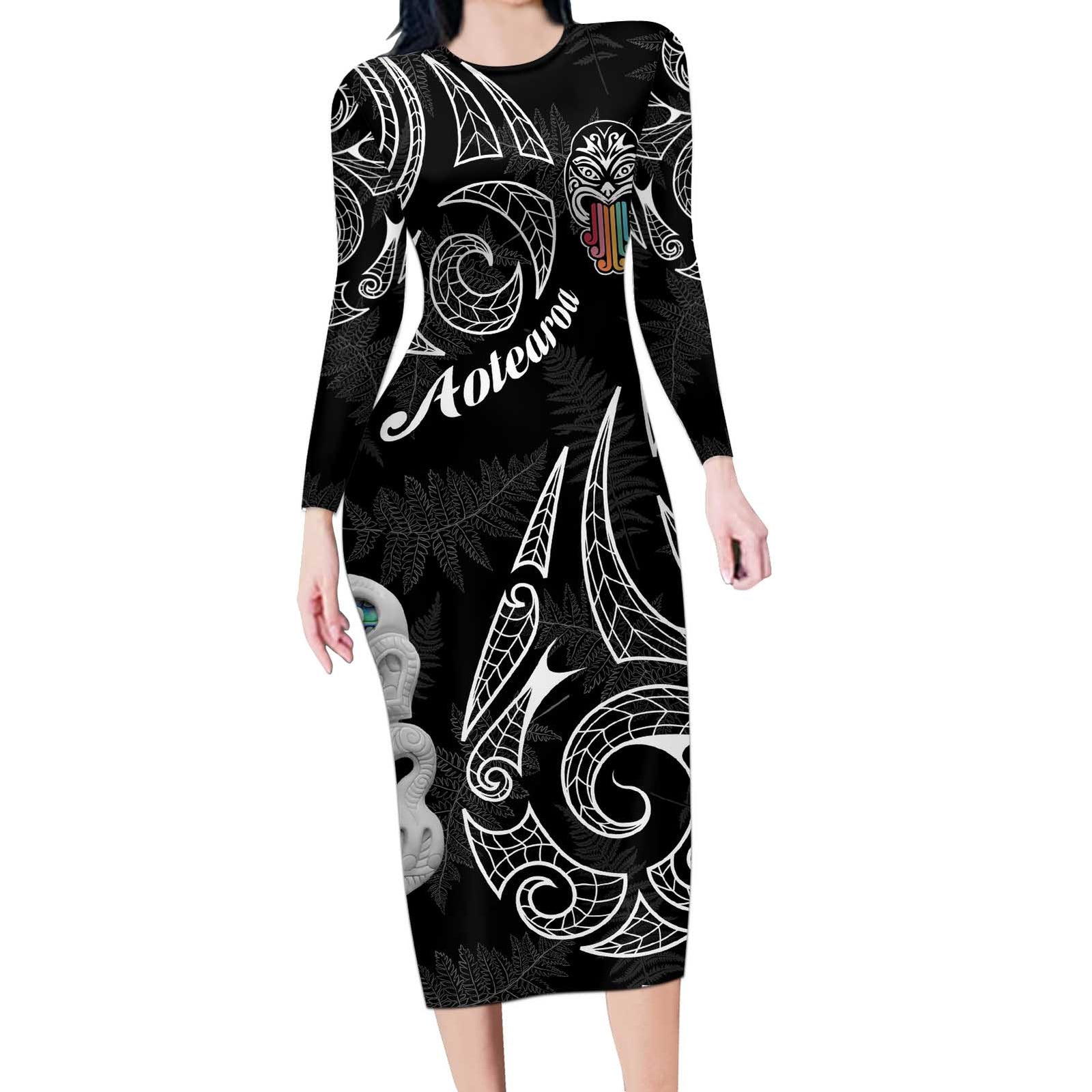 Kia Hara Te reo Maori Long Sleeve Bodycon Dress Manaia Moko Pattern LT7 Long Dress Black - Polynesian Pride
