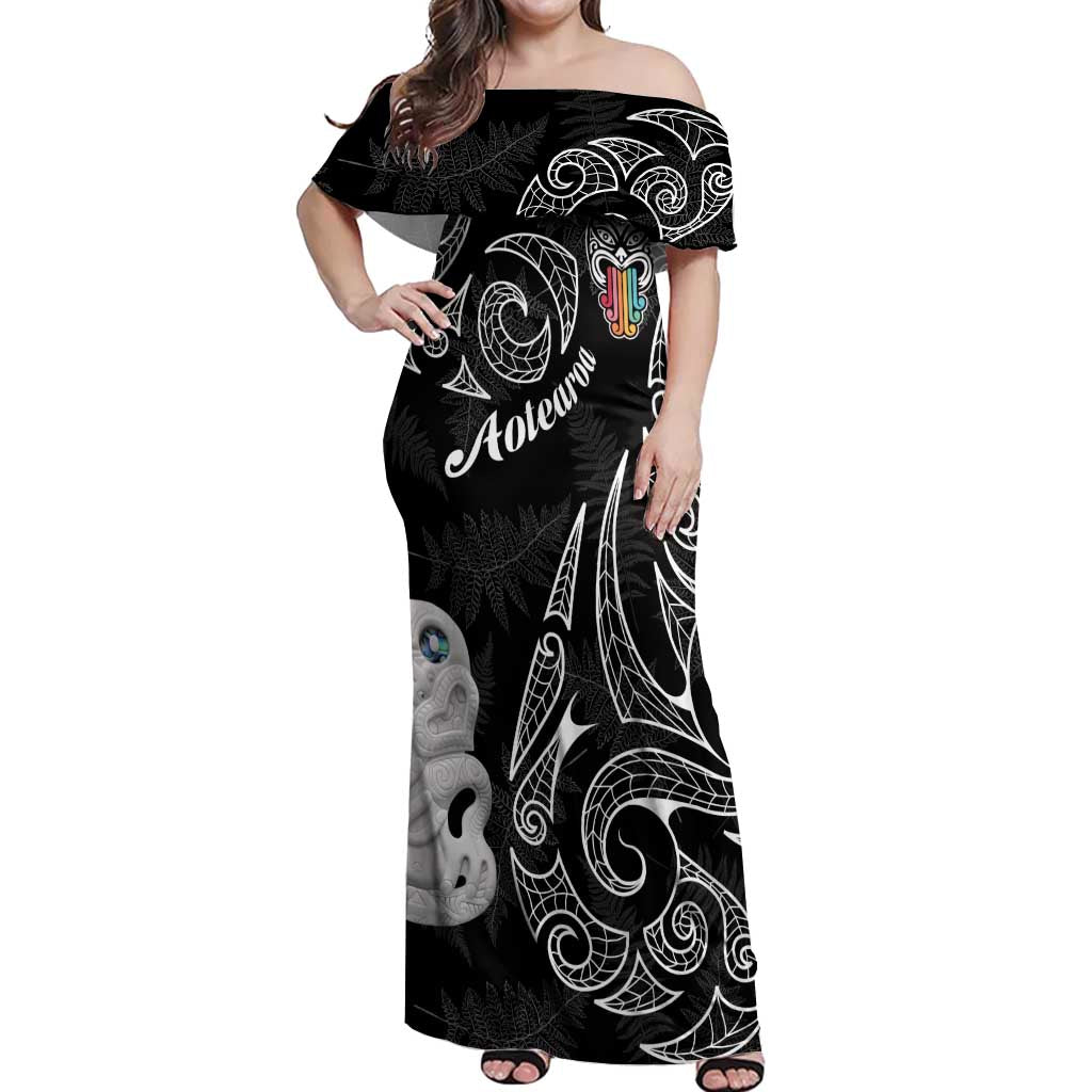 Kia Hara Te reo Maori Off Shoulder Maxi Dress Manaia Moko Pattern LT7 Women Black - Polynesian Pride