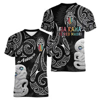 Kia Hara Te reo Maori Women V-Neck T-Shirt Manaia Moko Pattern