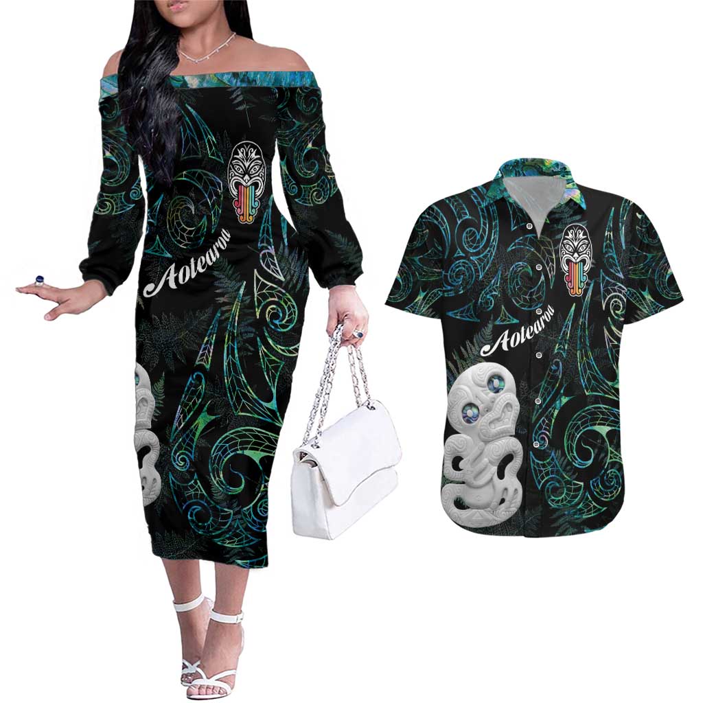Kia Hara Te reo Maori Couples Matching Off The Shoulder Long Sleeve Dress and Hawaiian Shirt Manaia Moko Mix Paua Shell