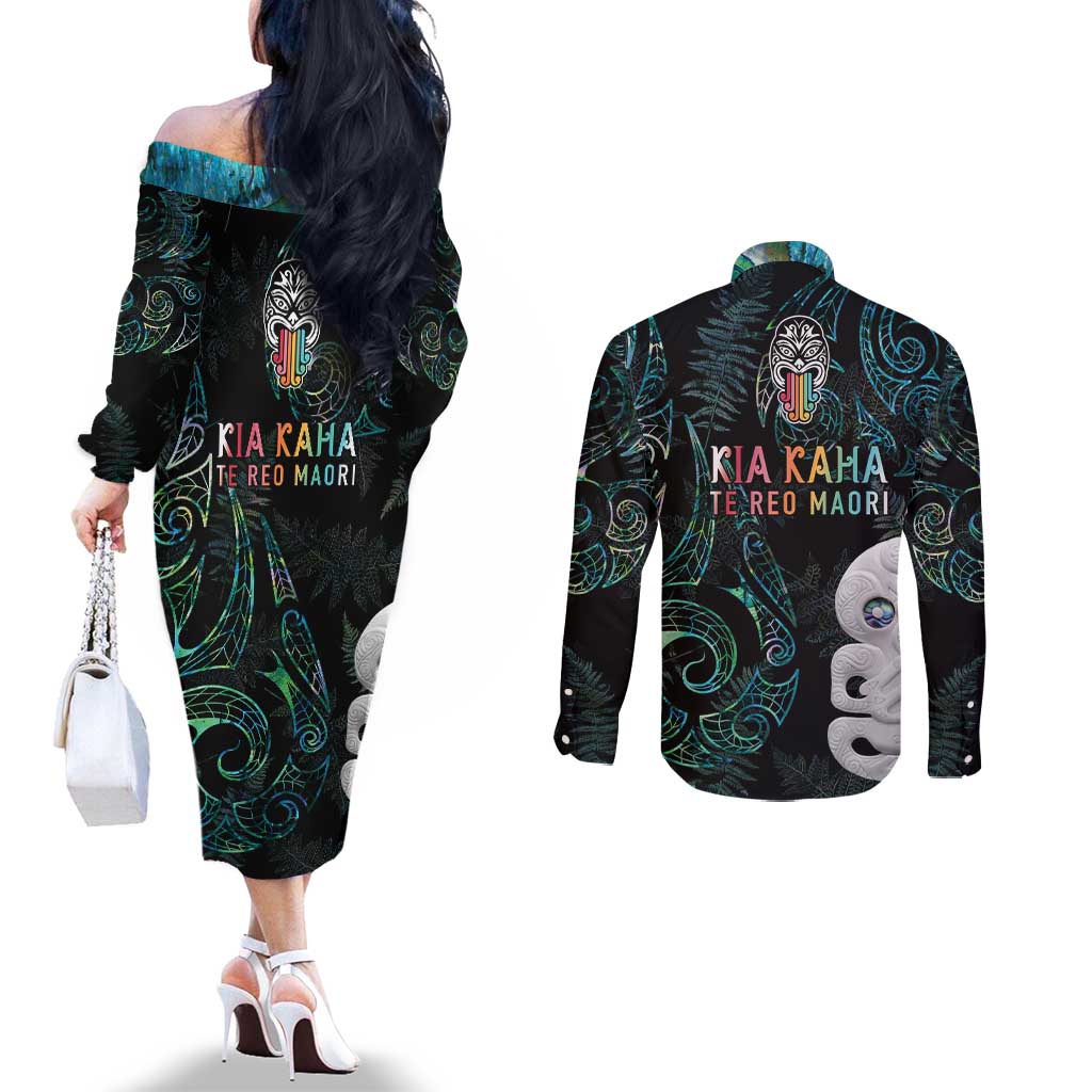 Kia Hara Te reo Maori Couples Matching Off The Shoulder Long Sleeve Dress and Long Sleeve Button Shirt Manaia Moko Mix Paua Shell