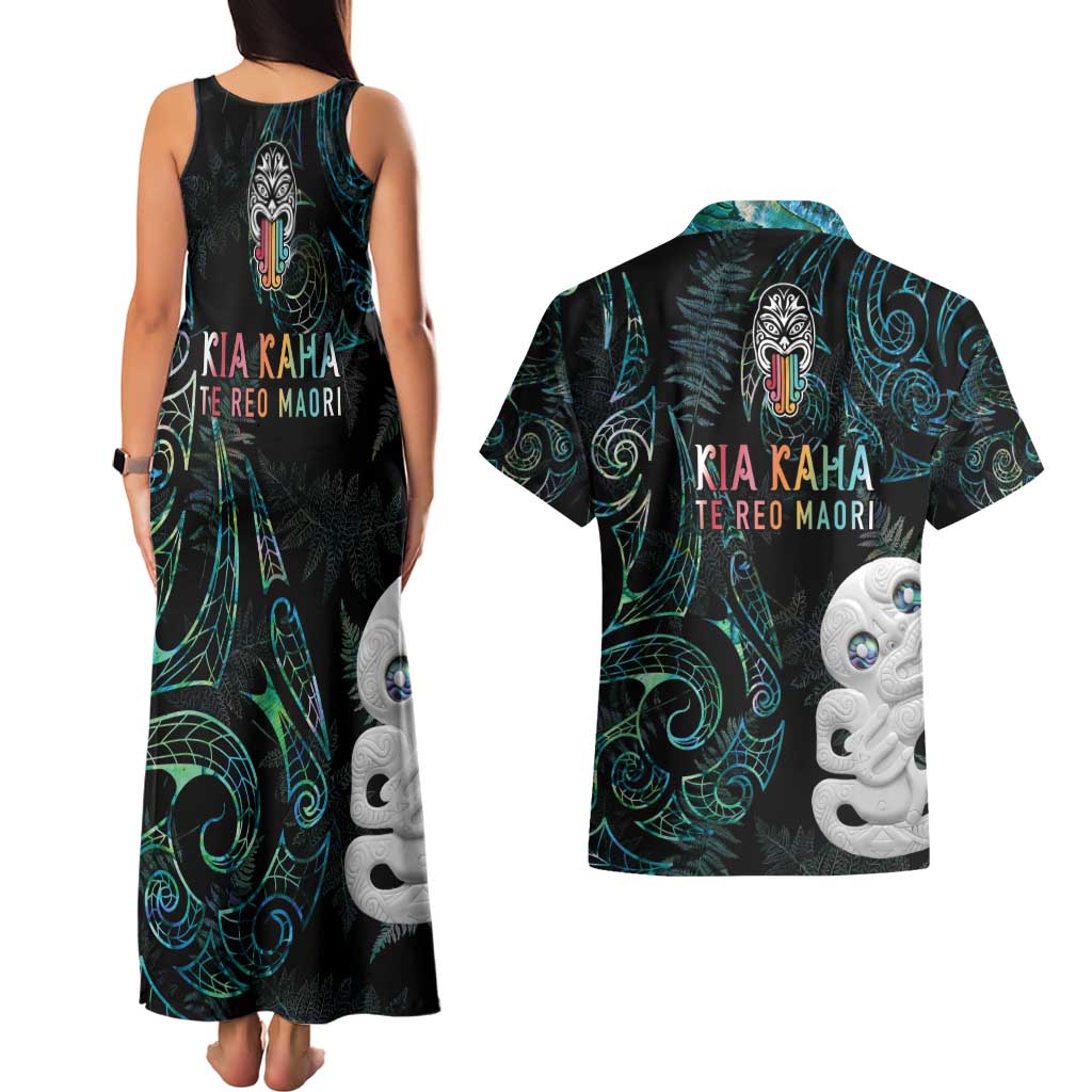 Kia Hara Te reo Maori Couples Matching Tank Maxi Dress and Hawaiian Shirt Manaia Moko Mix Paua Shell