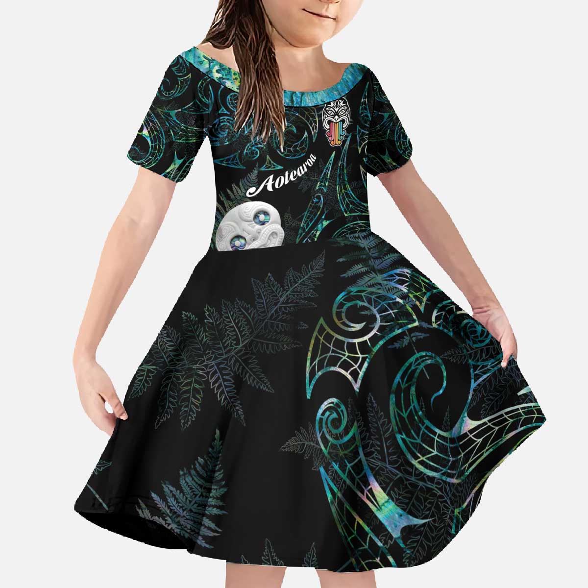 Kia Hara Te reo Maori Family Matching Off The Shoulder Long Sleeve Dress and Hawaiian Shirt Manaia Moko Mix Paua Shell LT7 Daughter's Dress Green - Polynesian Pride