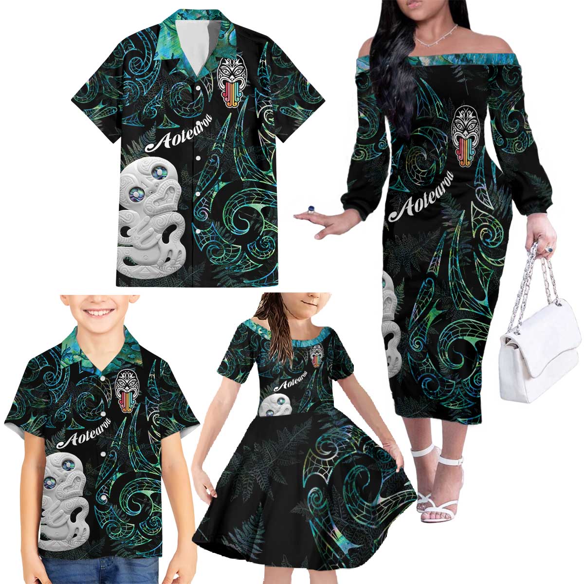 Kia Hara Te reo Maori Family Matching Off The Shoulder Long Sleeve Dress and Hawaiian Shirt Manaia Moko Mix Paua Shell LT7 - Polynesian Pride