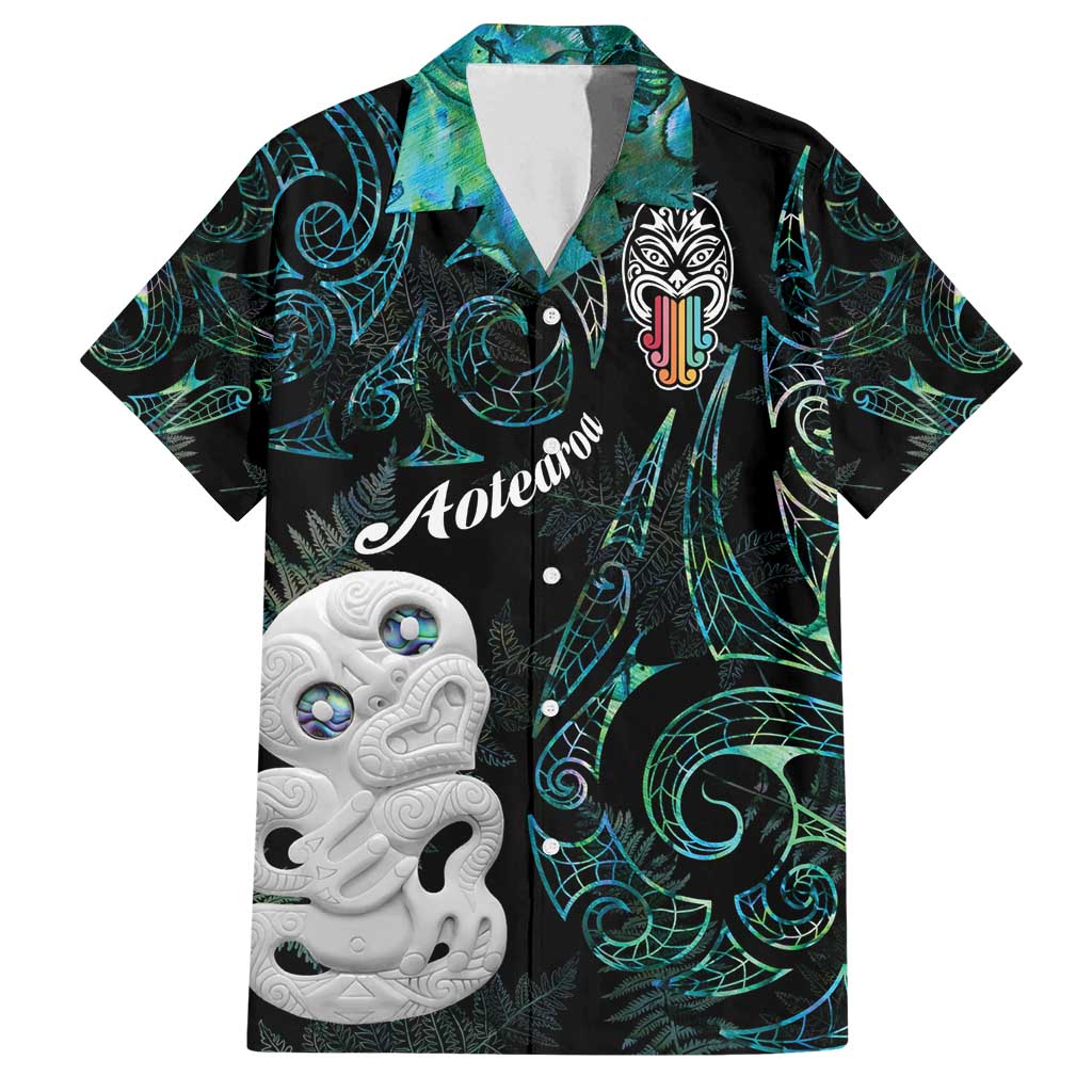Kia Hara Te reo Maori Family Matching Tank Maxi Dress and Hawaiian Shirt Manaia Moko Mix Paua Shell LT7 Dad's Shirt - Short Sleeve Green - Polynesian Pride