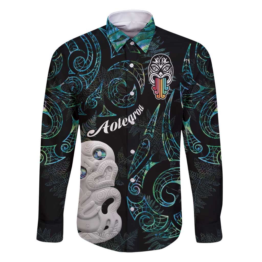 Kia Hara Te reo Maori Family Matching Tank Maxi Dress and Hawaiian Shirt Manaia Moko Mix Paua Shell LT7 Dad's Shirt - Long Sleeve Green - Polynesian Pride