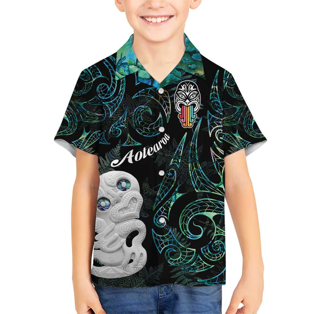 Kia Hara Te reo Maori Family Matching Tank Maxi Dress and Hawaiian Shirt Manaia Moko Mix Paua Shell LT7 Son's Shirt Green - Polynesian Pride