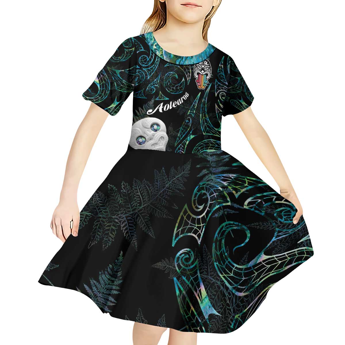 Kia Hara Te reo Maori Kid Short Sleeve Dress Manaia Moko Mix Paua Shell