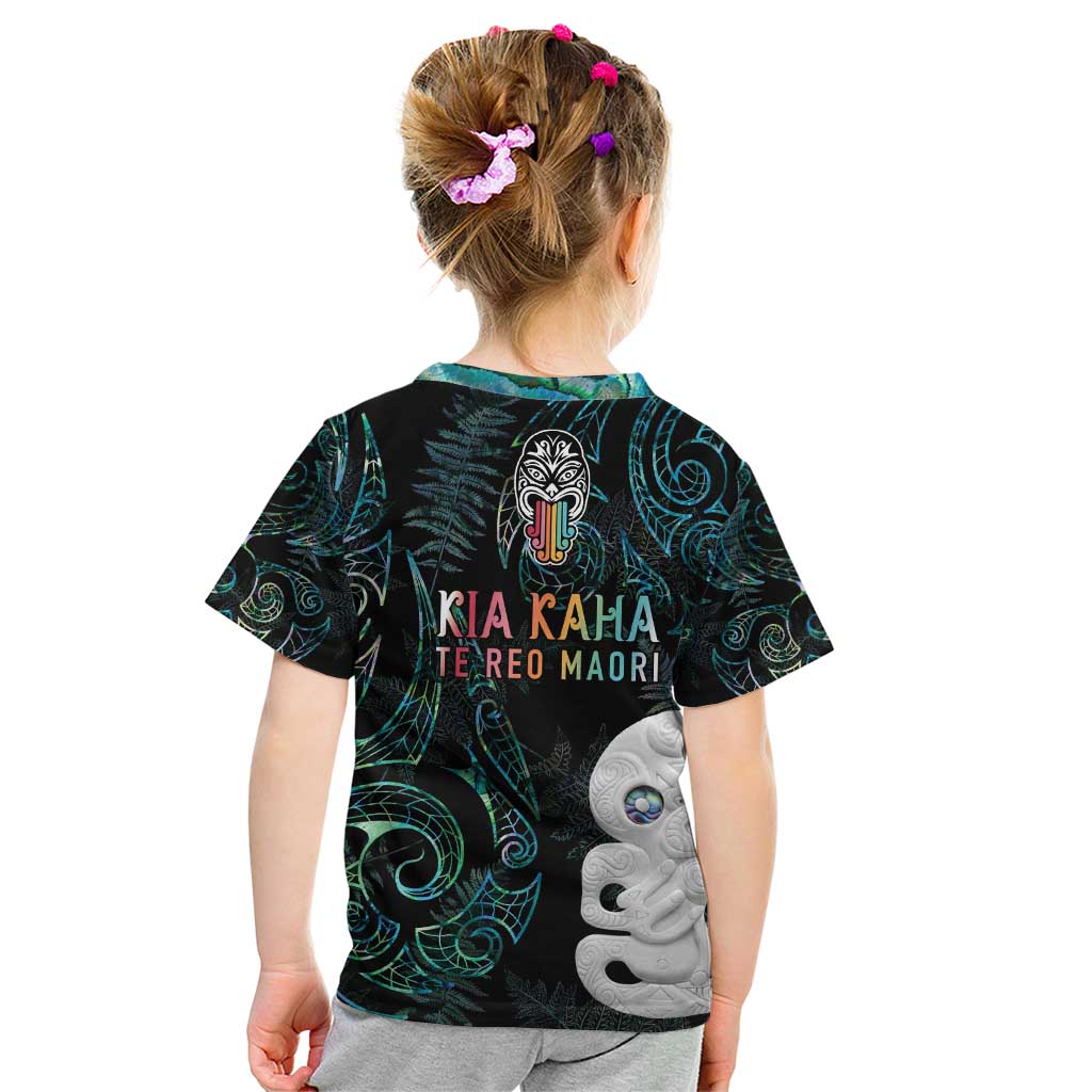 Kia Hara Te reo Maori Kid T Shirt Manaia Moko Mix Paua Shell