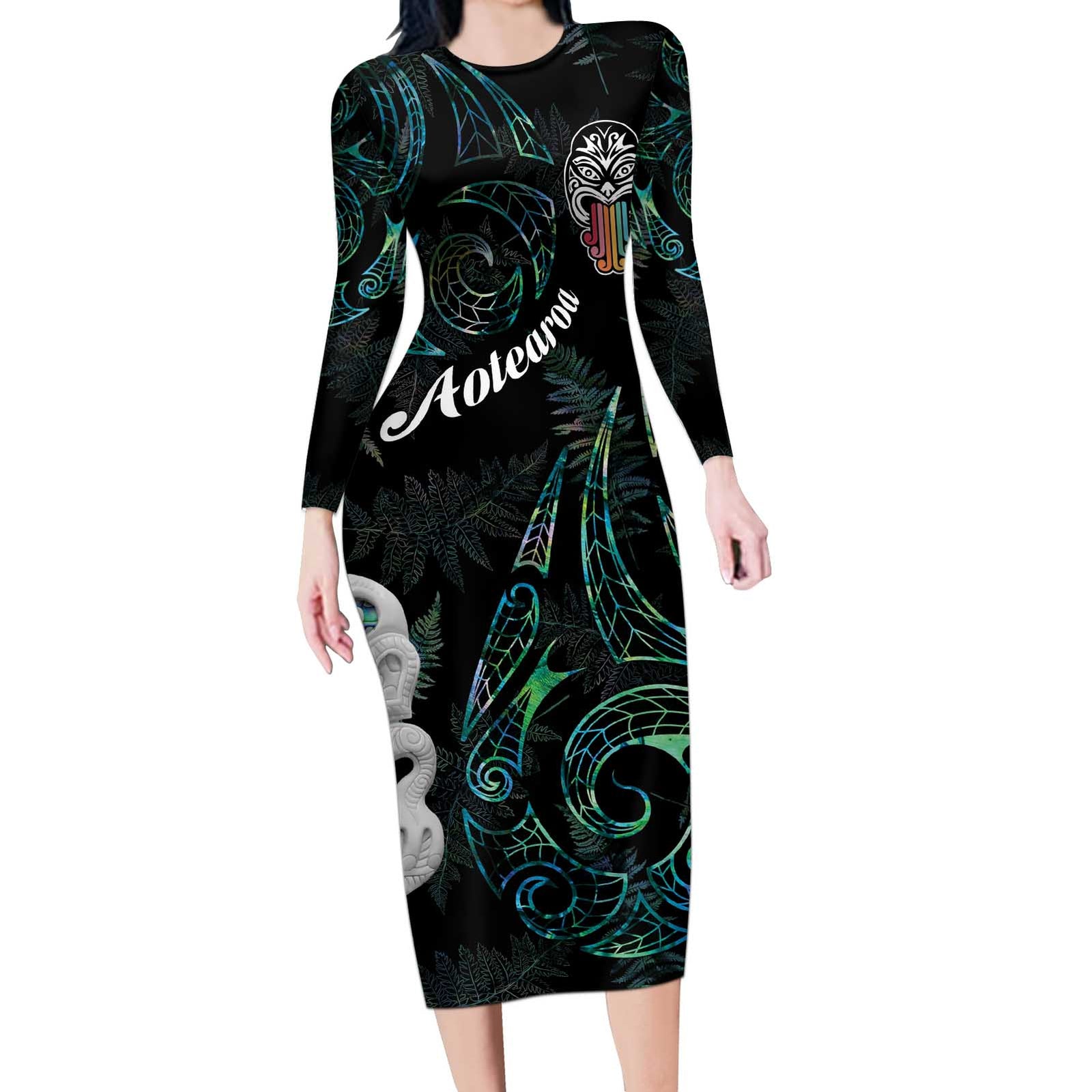 Kia Hara Te reo Maori Long Sleeve Bodycon Dress Manaia Moko Mix Paua Shell LT7 Long Dress Green - Polynesian Pride