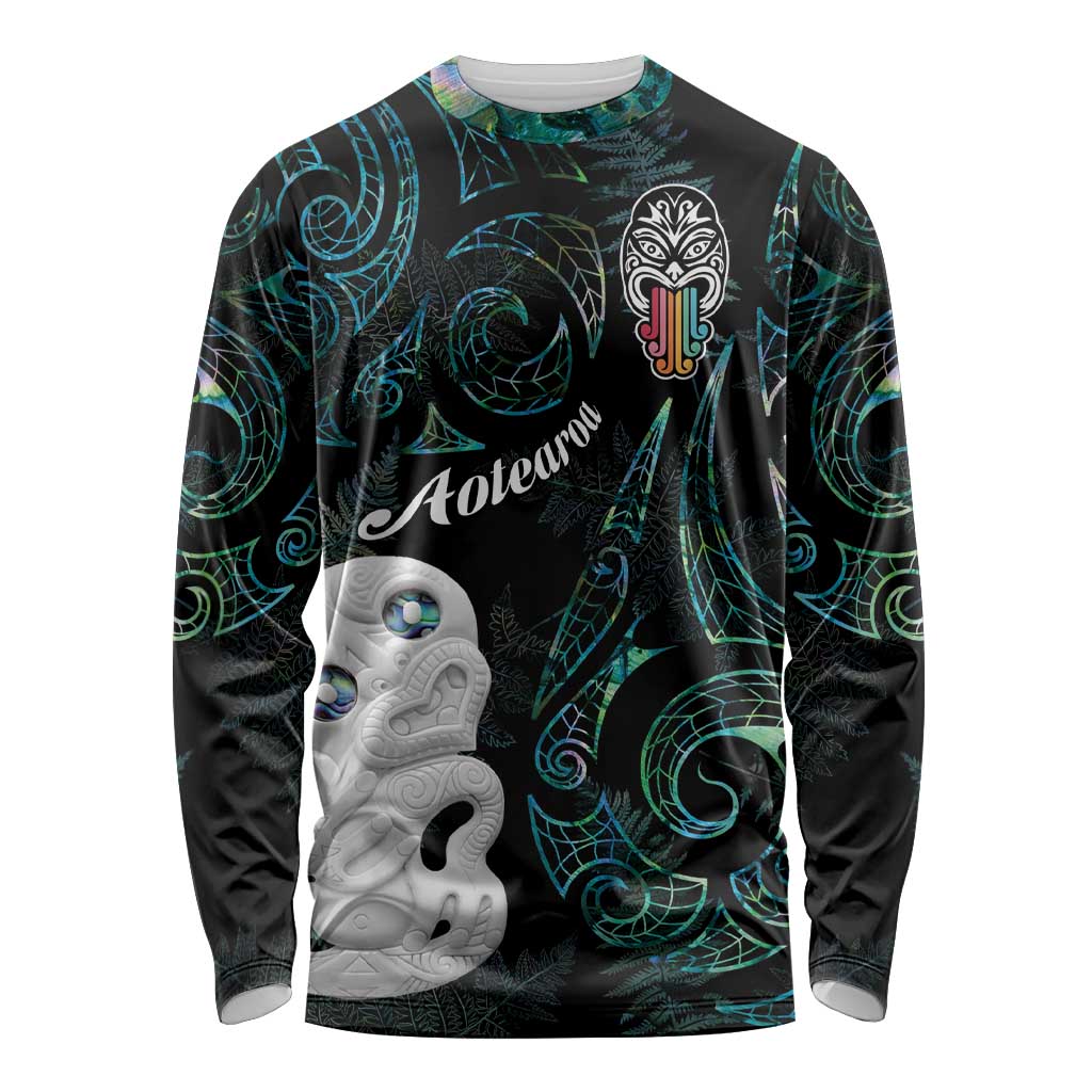 Kia Hara Te reo Maori Long Sleeve Shirt Manaia Moko Mix Paua Shell LT7 Unisex Green - Polynesian Pride