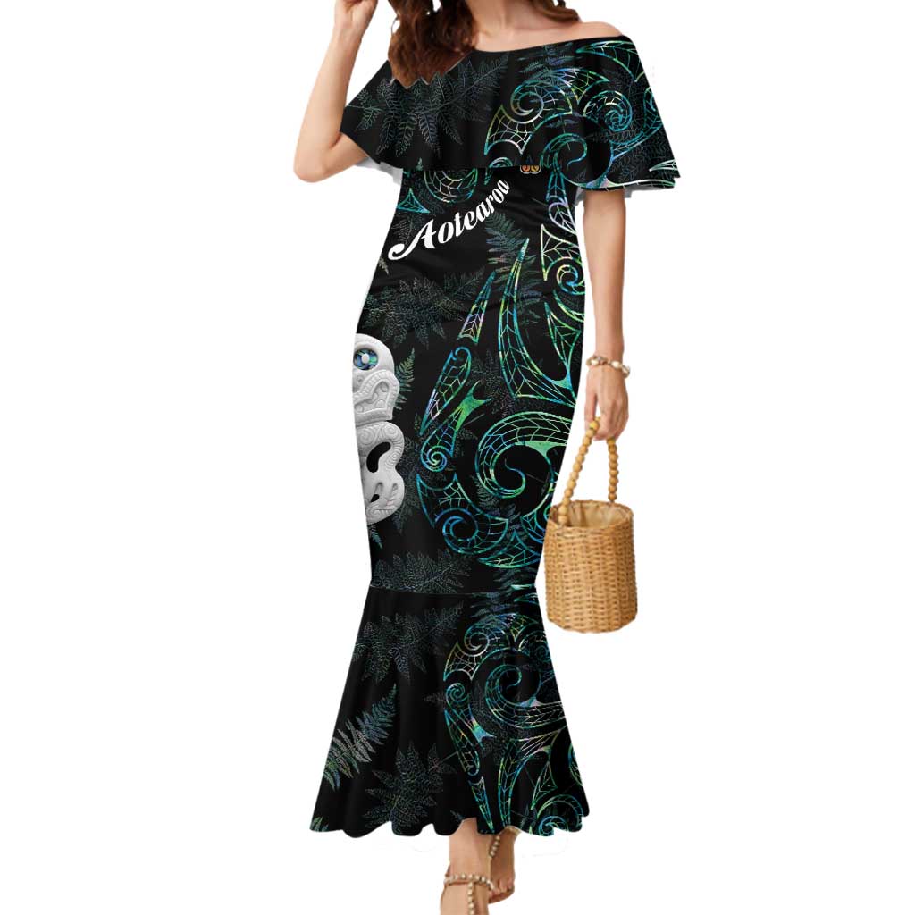 Kia Hara Te reo Maori Mermaid Dress Manaia Moko Mix Paua Shell LT7 Women Green - Polynesian Pride