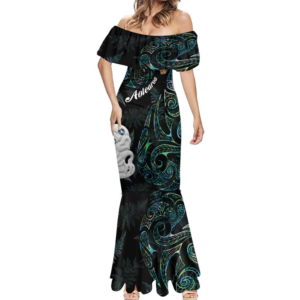 Kia Hara Te reo Maori Mermaid Dress Manaia Moko Mix Paua Shell