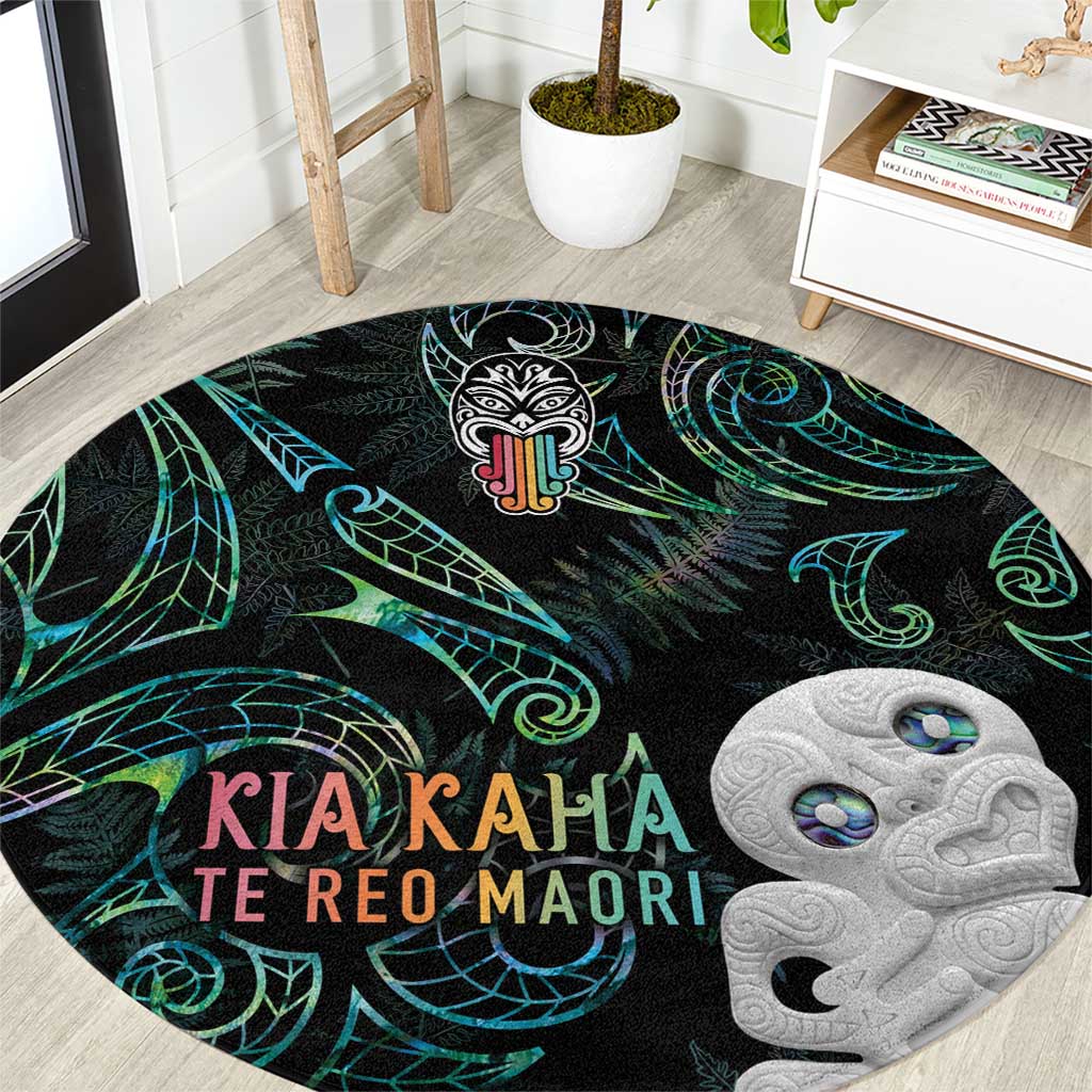 Kia Hara Te reo Maori Round Carpet Manaia Moko Mix Paua Shell LT7 Green - Polynesian Pride