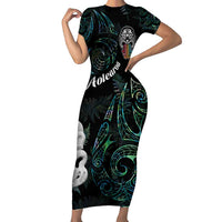 Kia Hara Te reo Maori Short Sleeve Bodycon Dress Manaia Moko Mix Paua Shell LT7 Long Dress Green - Polynesian Pride
