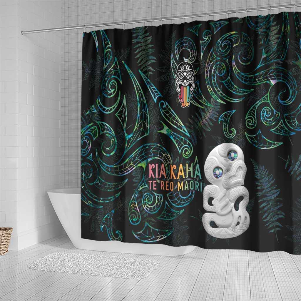 Kia Hara Te reo Maori Shower Curtain Manaia Moko Mix Paua Shell