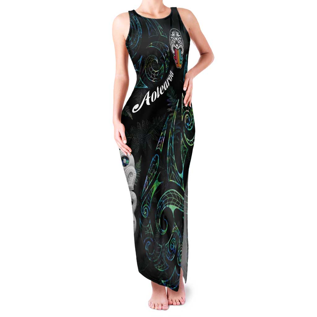 Kia Hara Te reo Maori Tank Maxi Dress Manaia Moko Mix Paua Shell LT7 Women Green - Polynesian Pride