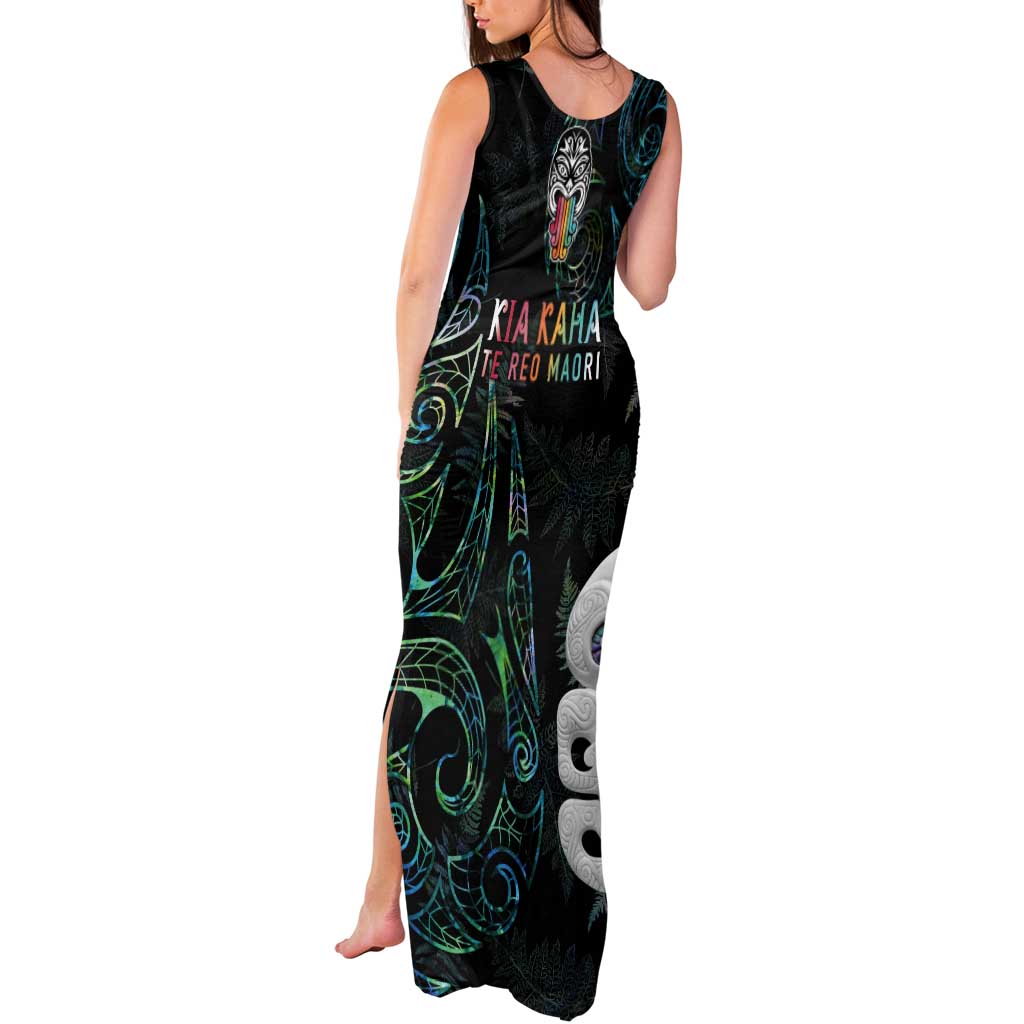 Kia Hara Te reo Maori Tank Maxi Dress Manaia Moko Mix Paua Shell