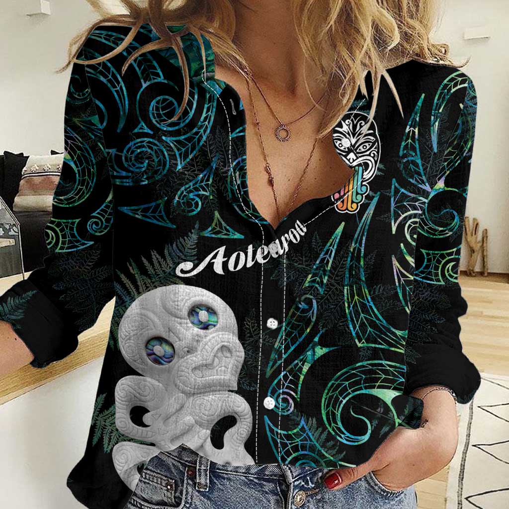 Kia Hara Te reo Maori Women Casual Shirt Manaia Moko Mix Paua Shell