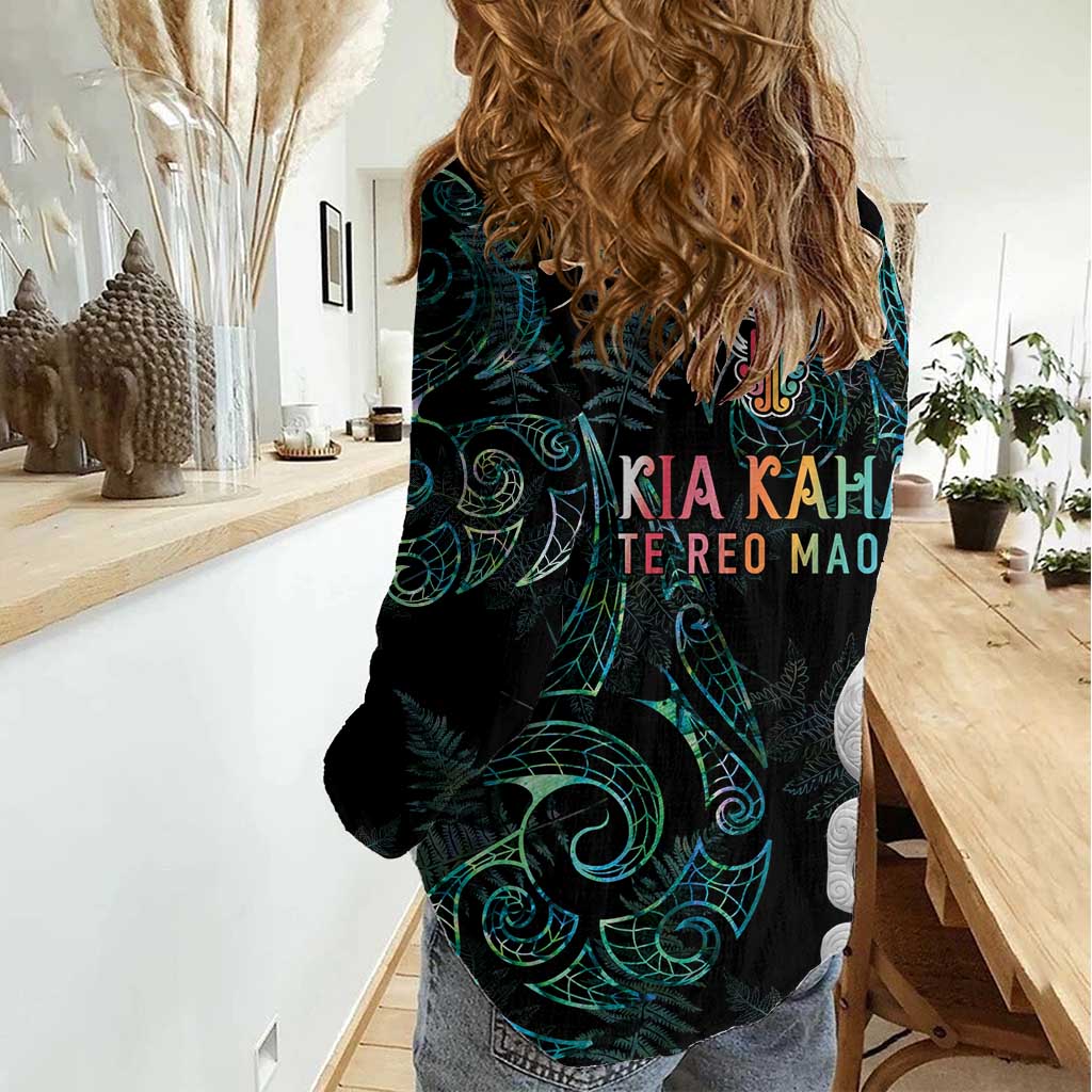 Kia Hara Te reo Maori Women Casual Shirt Manaia Moko Mix Paua Shell