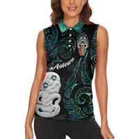 Kia Hara Te reo Maori Women Sleeveless Polo Shirt Manaia Moko Mix Paua Shell