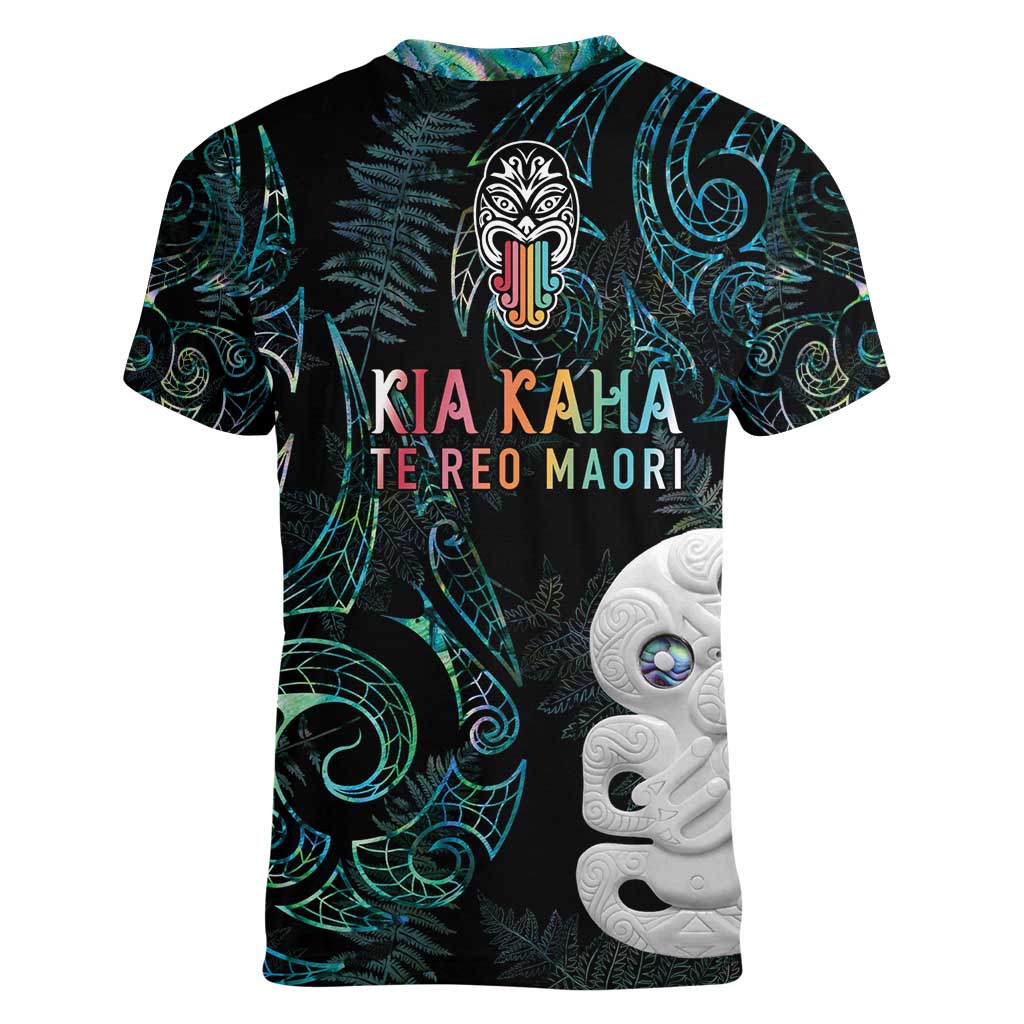 Kia Hara Te reo Maori Women V-Neck T-Shirt Manaia Moko Mix Paua Shell