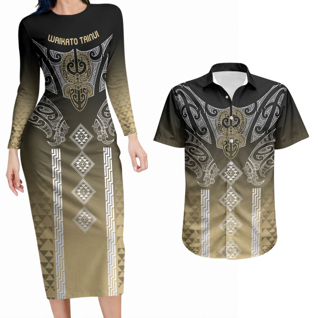 Aotearoa Maori Iwi Heritage Couples Matching Long Sleeve Bodycon Dress and Hawaiian Shirt Waikato Tainui Parauri