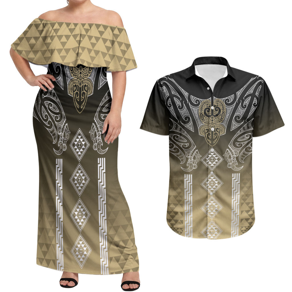 Aotearoa Maori Iwi Heritage Couples Matching Off Shoulder Maxi Dress and Hawaiian Shirt Waikato Tainui Parauri