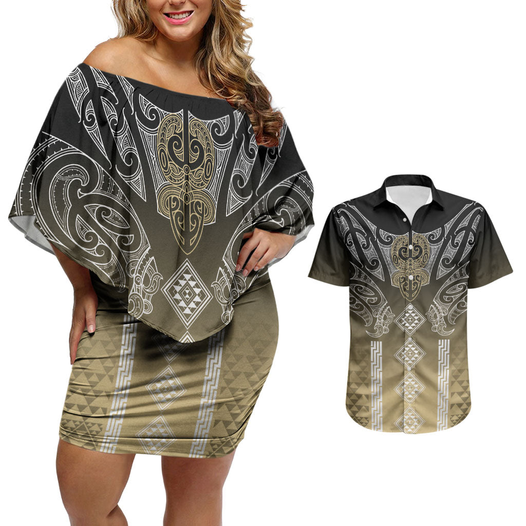 Aotearoa Maori Iwi Heritage Couples Matching Off Shoulder Short Dress and Hawaiian Shirt Waikato Tainui Parauri