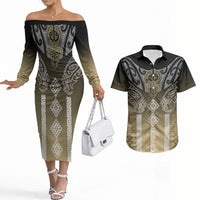 Aotearoa Maori Iwi Heritage Couples Matching Off The Shoulder Long Sleeve Dress and Hawaiian Shirt Waikato Tainui Parauri