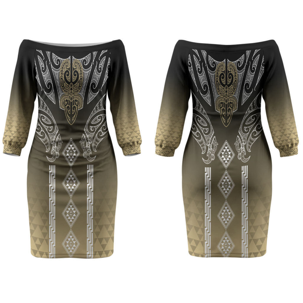 Aotearoa Maori Iwi Heritage Couples Matching Off The Shoulder Long Sleeve Dress and Hawaiian Shirt Waikato Tainui Parauri