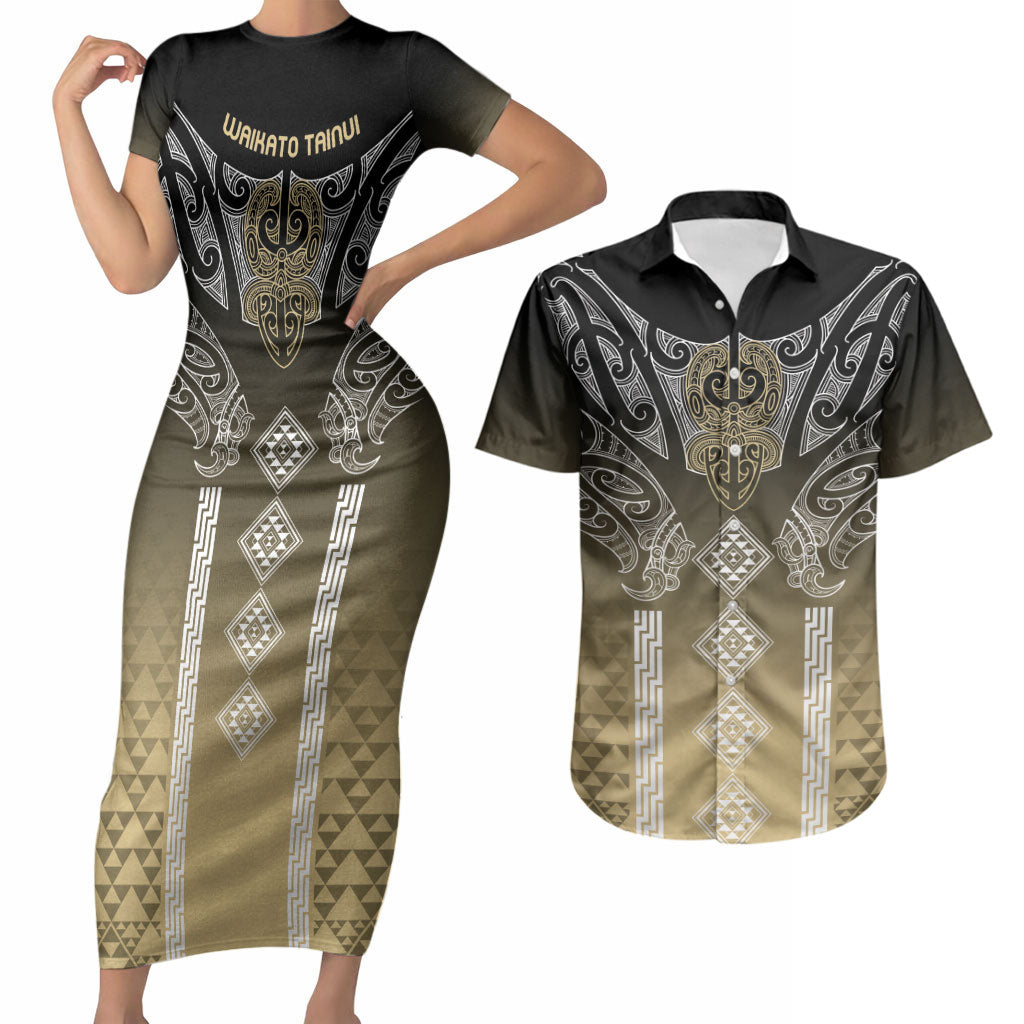 Aotearoa Maori Iwi Heritage Couples Matching Short Sleeve Bodycon Dress and Hawaiian Shirt Waikato Tainui Parauri