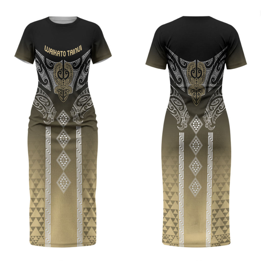 Aotearoa Maori Iwi Heritage Couples Matching Short Sleeve Bodycon Dress and Hawaiian Shirt Waikato Tainui Parauri