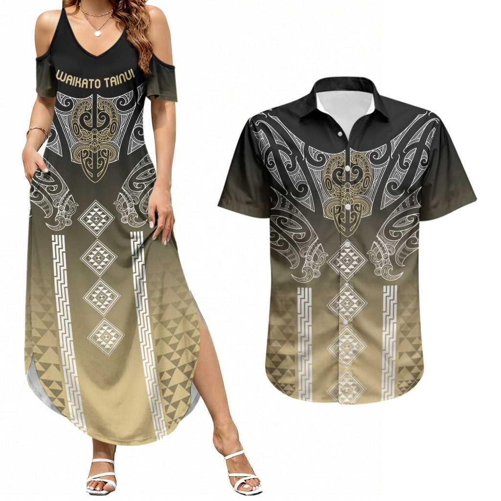 Aotearoa Maori Iwi Heritage Couples Matching Summer Maxi Dress and Hawaiian Shirt Waikato Tainui Parauri
